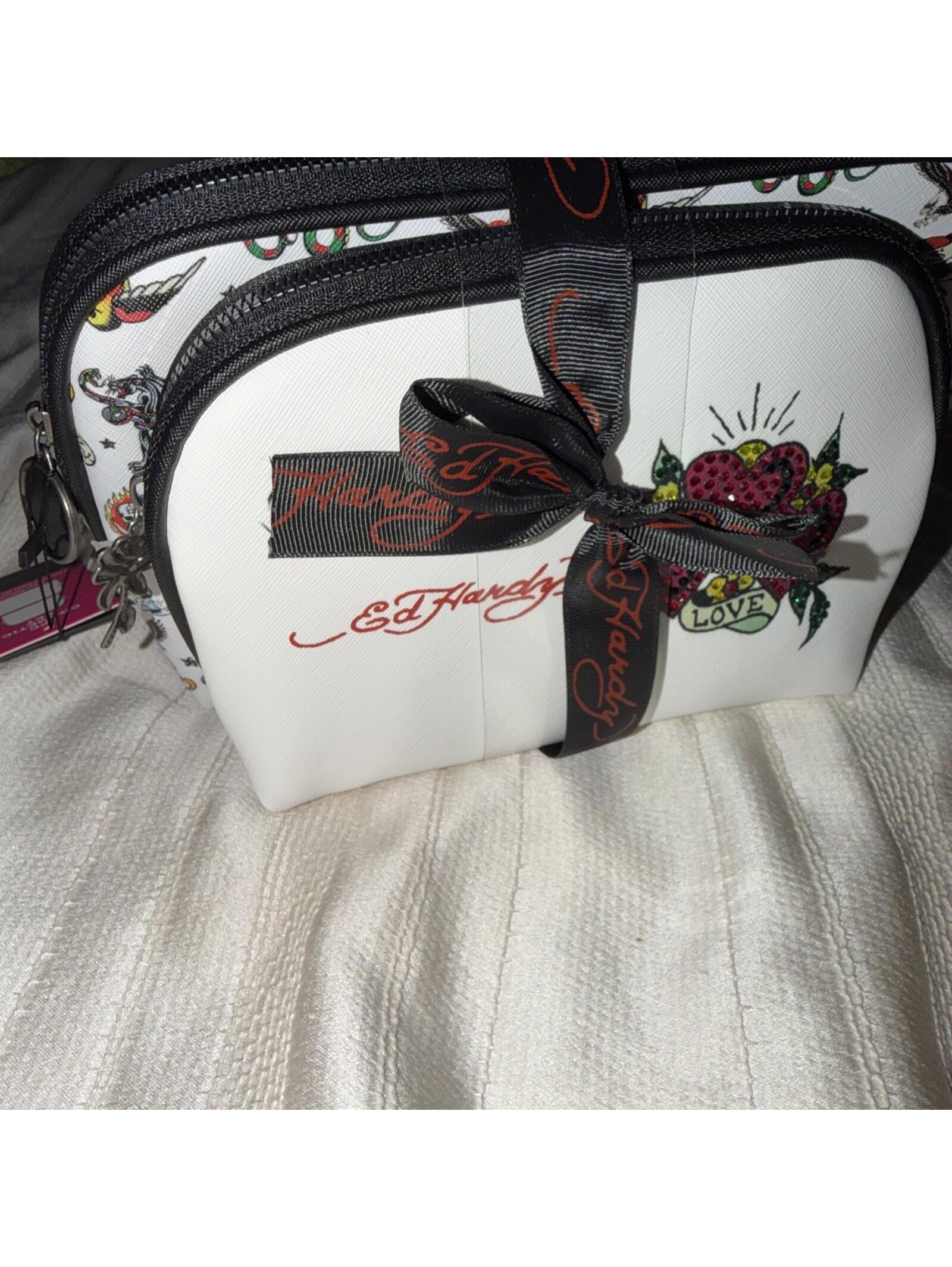 Ed Hardy Womens WhiteBlack 2pc Cosmetic Bag Set Brand New